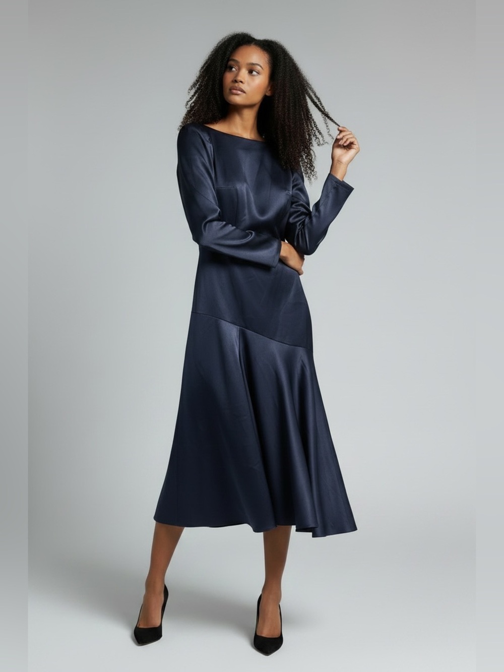 LICHI Classic Navy Long-Sleeve Drop Waist Satin Dress
